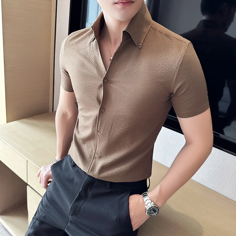 

IceSilk Bubble Waffle V Collar Short-sleeved Shirt Men's Clothing Solid Color Business Social Casual Shirt All Match Dress Shirt