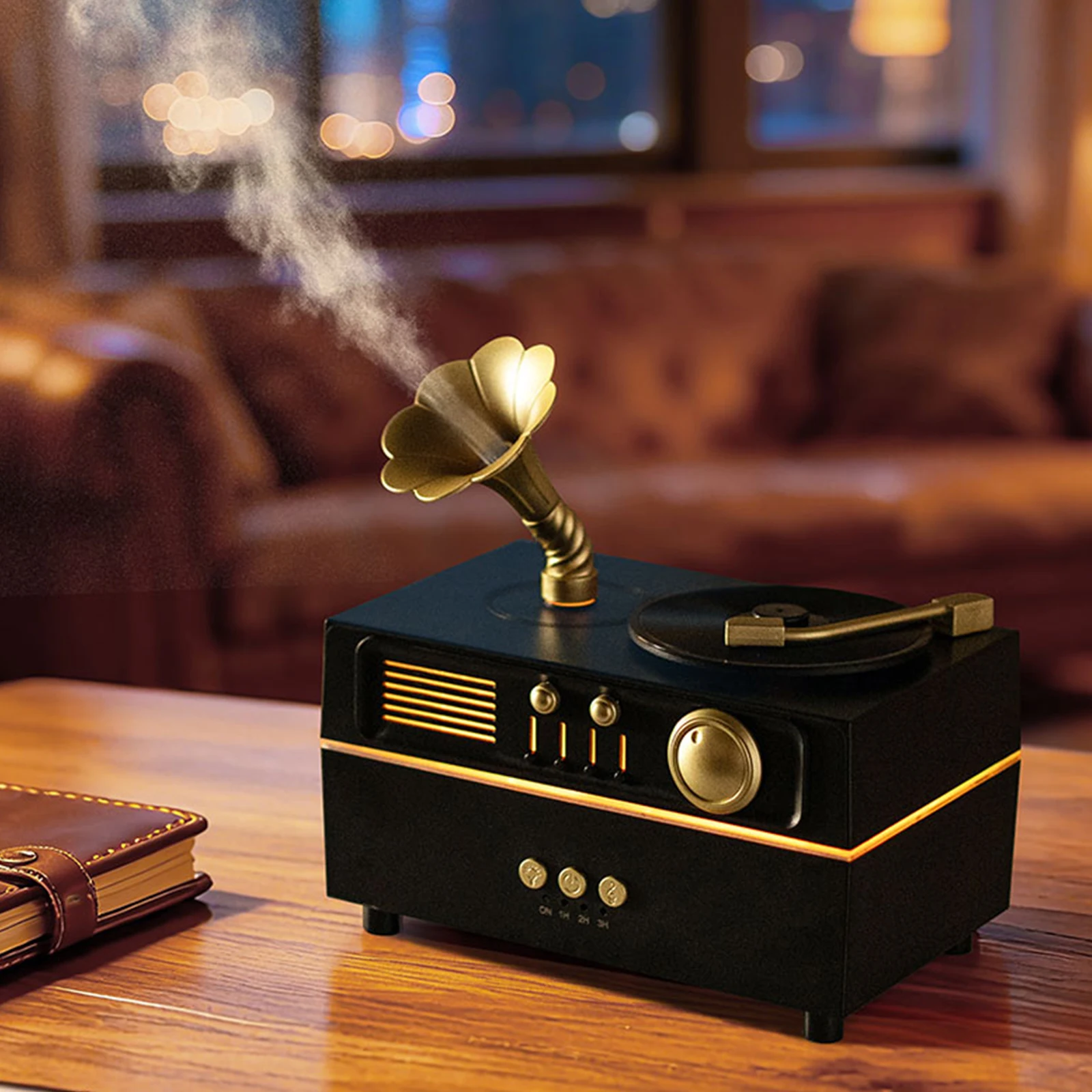 레트로 레코드 플레이어 에센셜 오일 디퓨저 BT 쿨 미스트 가습기 USB 충전 타이머 포함, 방, 사무실 및 체육관에 적합