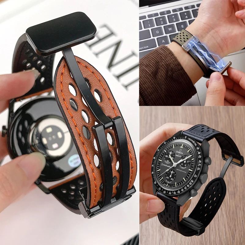 Magnetic Silicone-Leather Smartwatch Strap Bracelet, 22mm/20mm