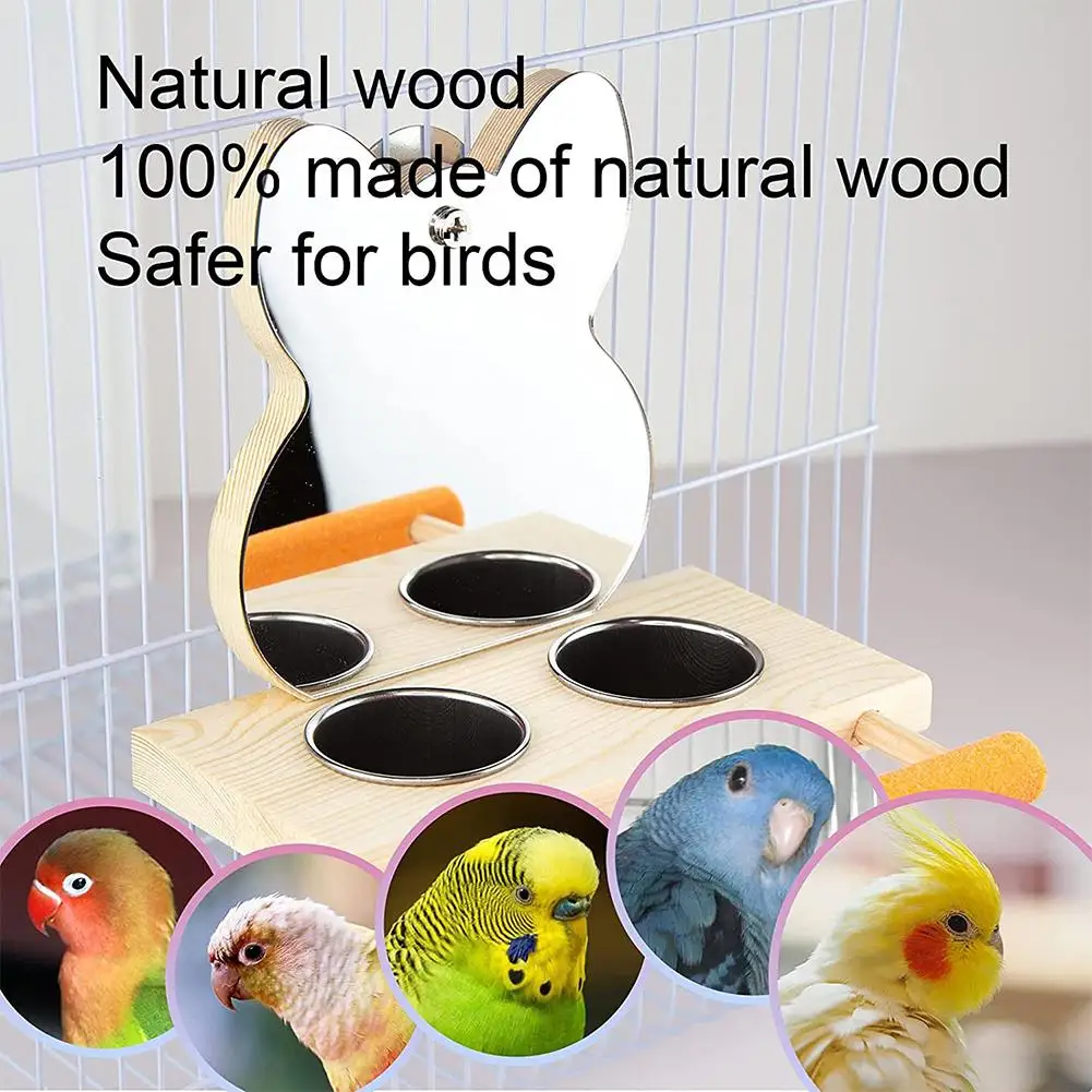 Parrot Mirror Toy with Stainless Steel Feeding Cups Bird Wooden Frames with Cage Perch for Macaw African Greys Budgies Parakeet