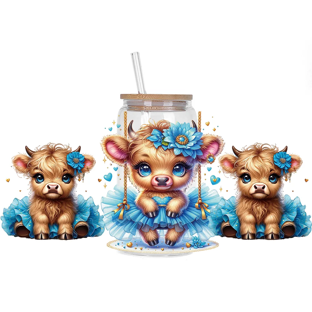 Highland cattle series Easy peel waterproof DIY Decals 3D transfers uvdtf crystal stickers 16oz uv dtf cup wraps for Glasses