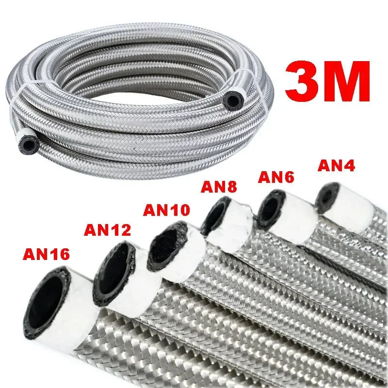 

10FT 3M AN4 AN6 AN8 AN10 AN12 AN16 Car Fuel Hose Oil Gas Cooler Hose Line Pipe Tube Stainless Steel Braided Inside CPE Rubber