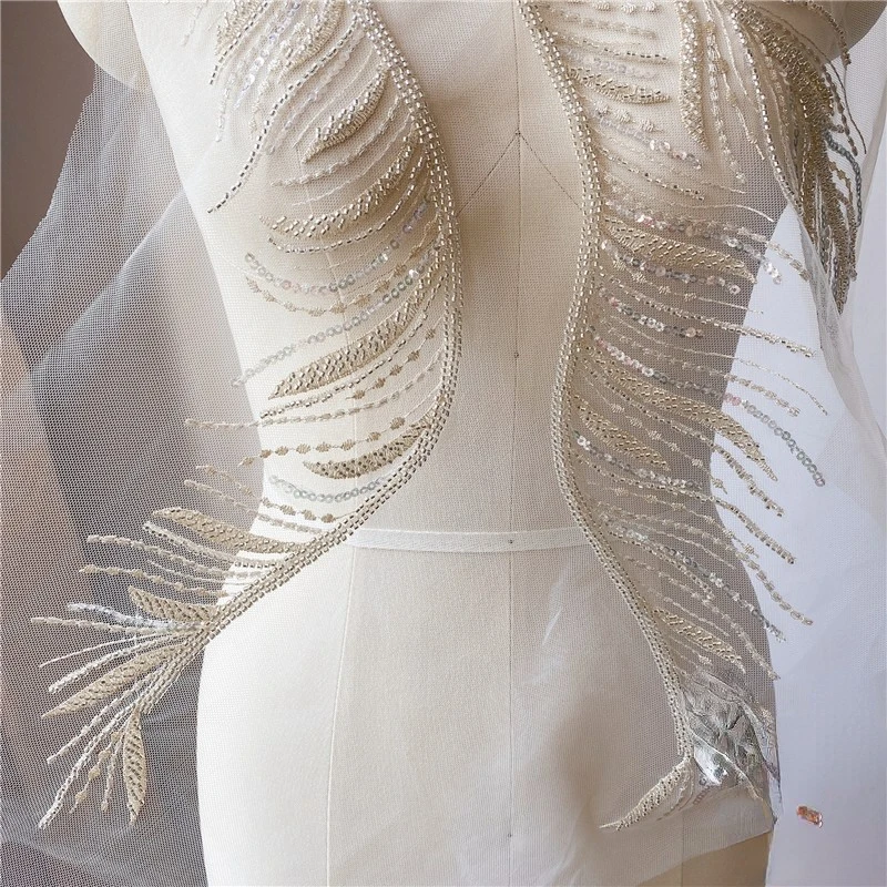 Mesh Lace Trims Sew On Patches, Gold Thread, Silver Beads, Feather Leaves, Embroidery, Wedding Appliques, DIY Decoration 45x49cm