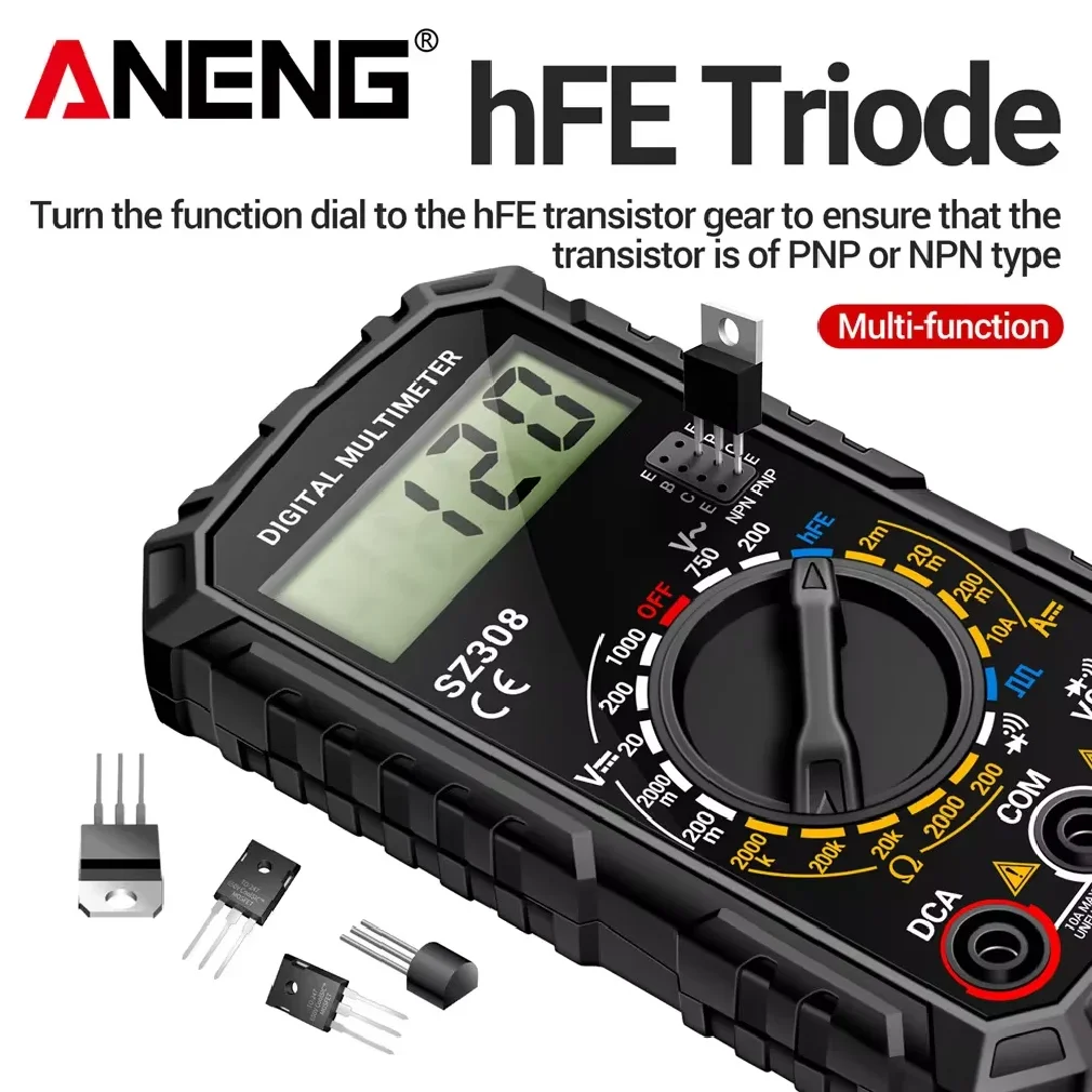 ANENG SZ308 사각파 디지털 테스터 1999 카운트 HFE 트라이오드 버저 멀티미터 AC/DC 전압 10A 전류 멀티미터 미터 도구