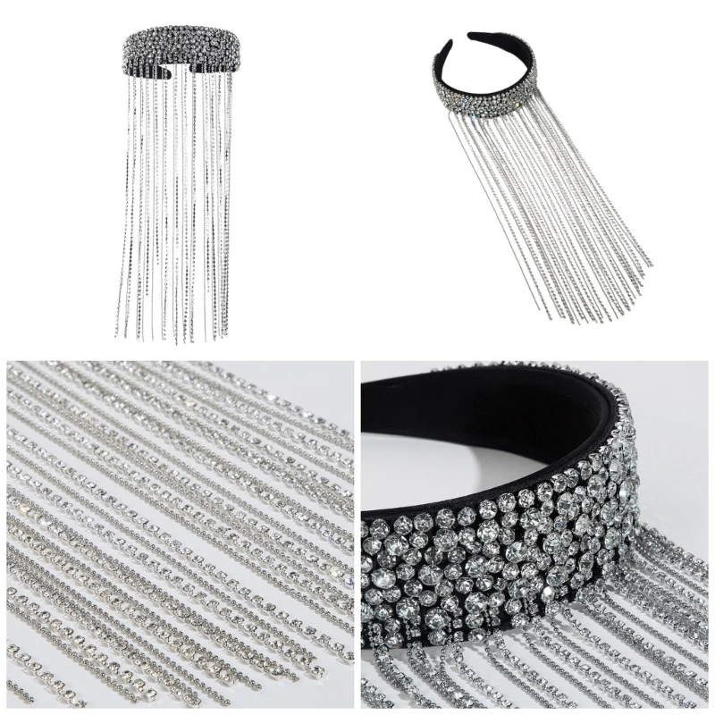MXME Shimmering Rhinestones Tassels Headband Crystal Headwear with Flowing Fringes Women Hairband Stylish Wedding Accessory