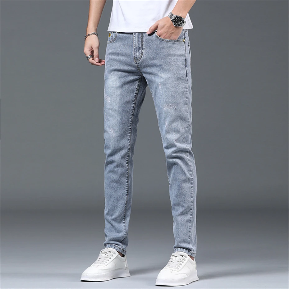 Slim Fit Denim Pants Men Straight Jeans Hold Fashion Casual Solid Color Denim Pants Male Jean Trousers Blue