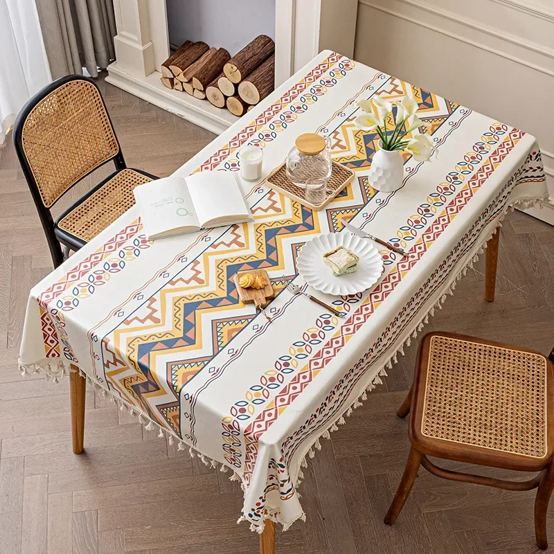 

Fringed Dining Table Cloth Waterproof and Oil-proof. Tablecloth Cotton and Linen Washable Fabric Ethnic Bohemian Rectangular