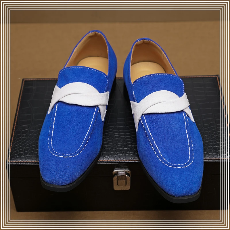 

Мужские мокасины из флока, синие туфли с круглым носком, без застежки, ручная работа, классические туфли, большие размеры