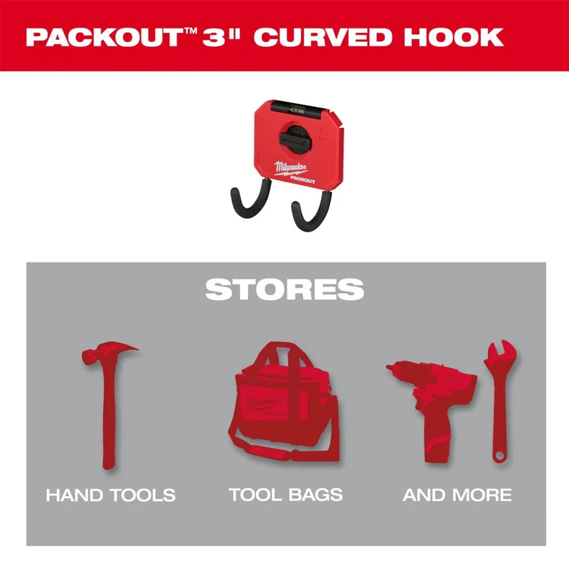Milwaukee 48-22-8335 PACKOUT 3” Curved Hook Reinforced Hook  Anti Slip Rubber Wall Mounted DIY Storage Tool 3