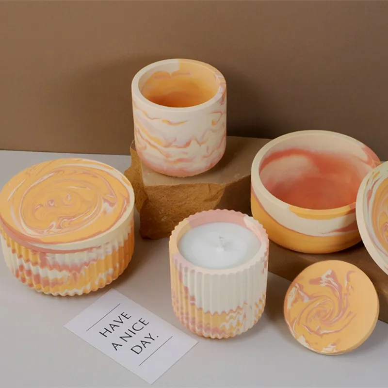 Round Stripes Candle Cup Silicone Mold With Cover Diy Plaster Cement Storage Tank Crystal Resin Mirror Box Mould Home Decors
