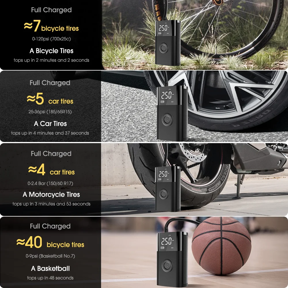 CARSUN-bomba de compresor de inflado portátil con lámpara LED, inflador inalámbrico eléctrico para neumáticos de coche, motocicleta y bicicleta - Imagen 2