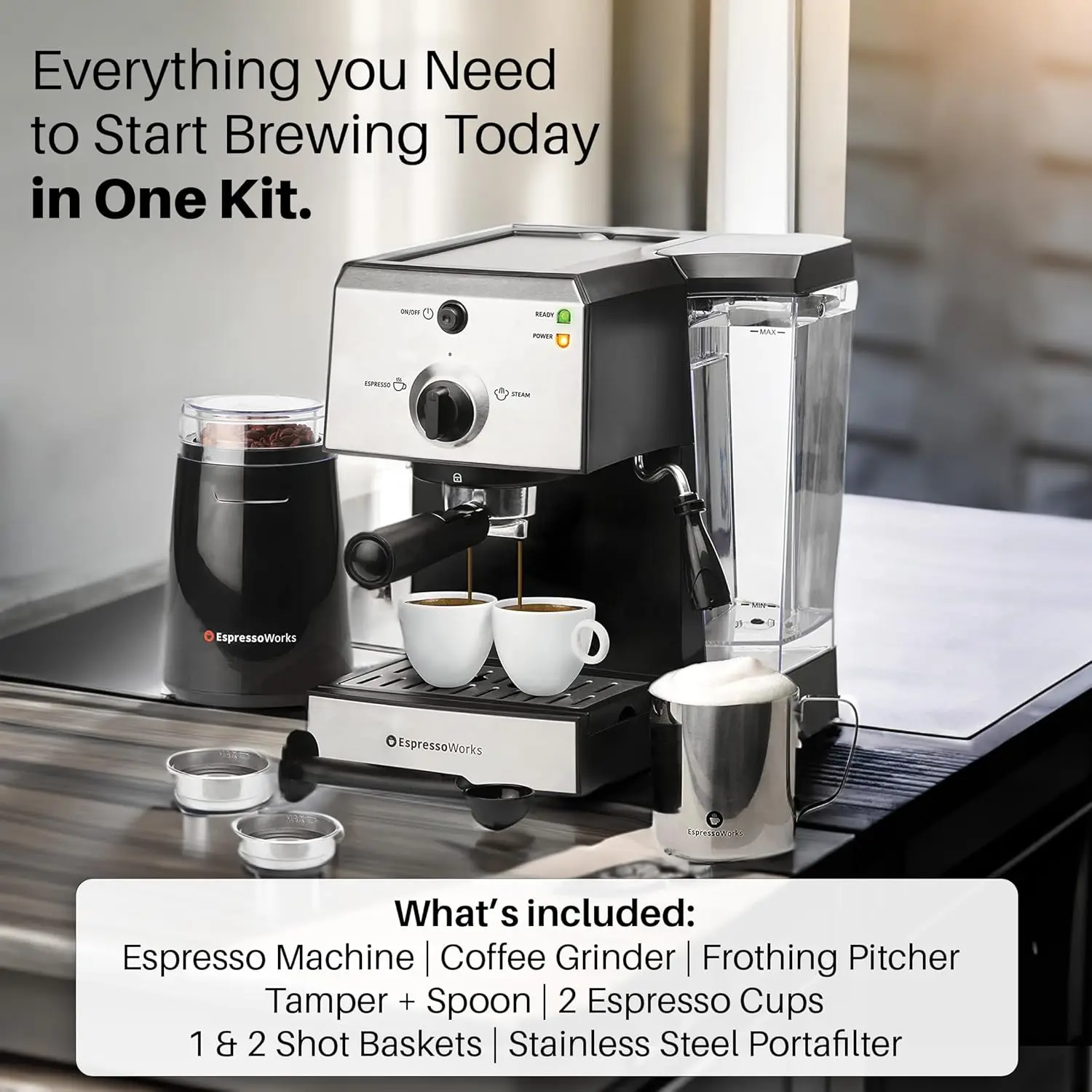 All-In-One Espresso Machine with Milk Frother 7-Piece Set - Maker Includes Grinder, Frothing Pitcher, Cups, Spoon and Tamper 2