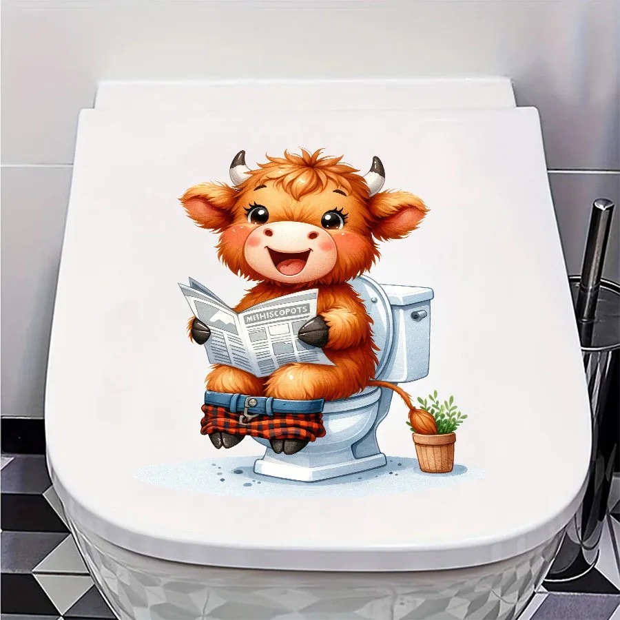 Highland Cow Reading Newspaper Toilet Sticker Toilet Seat Tank Bathroom Wall Glass Sticker Home Decoration Decal