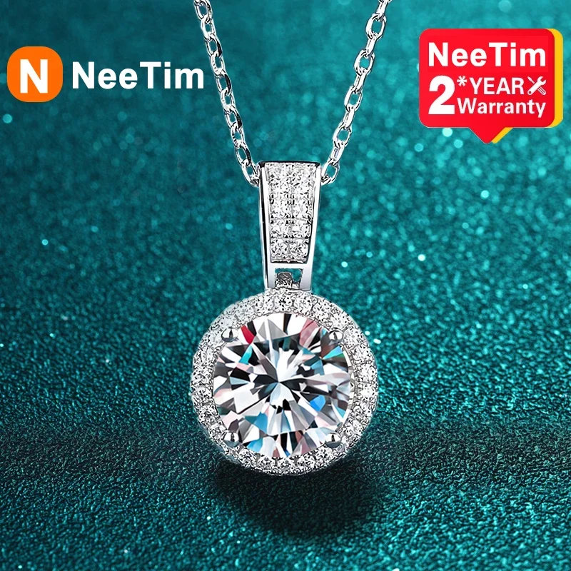 

NeeTim 2Carat Moissanite Necklace For Women 100% Sterling S925 Silver With White Gold Plated Lab Diamond Jewelry Wedding Pendant