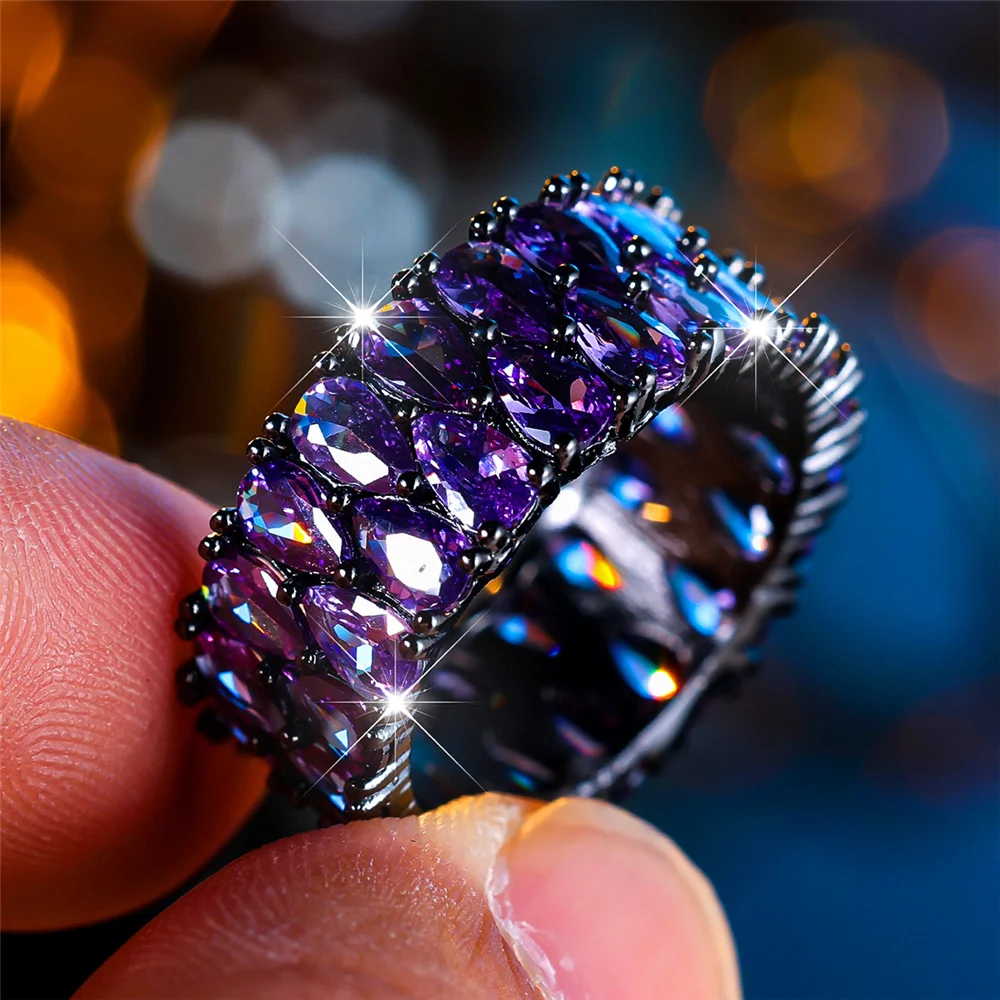 Luxury Female Crystal Purple Blue Zircon Stone Engagement Ring Vintage Black Gold Color Water Drop Wedding Jewelry For Women