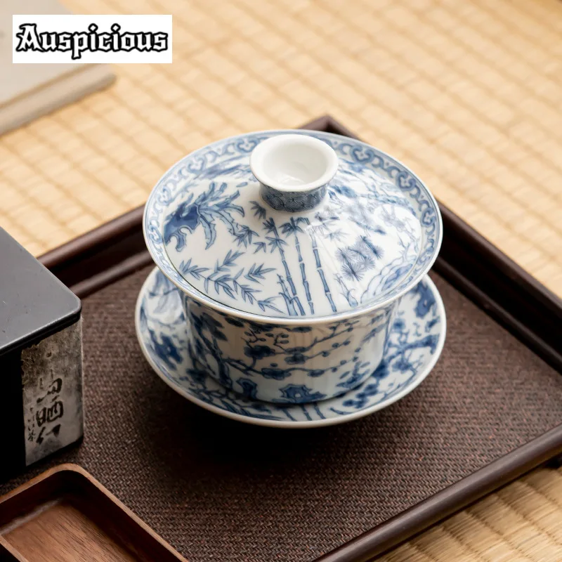 300ml Antique Blue and White Gaiwan Retro Dargon Cup Saucer Tea Tureen Chinese Tea Maker Cover Bowl Services Supplies Craft