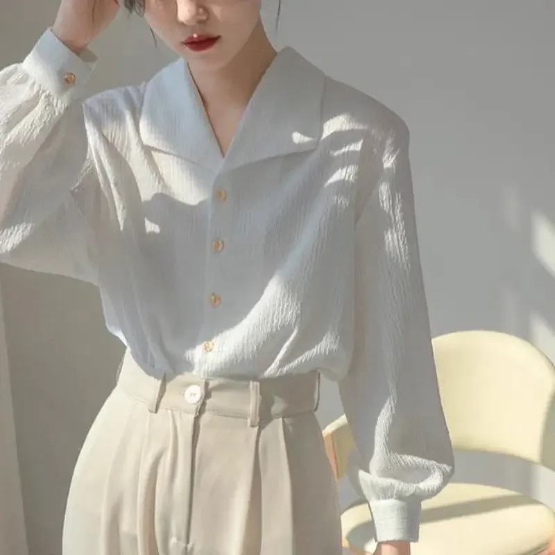 Women White Shirt Long Sleeve Top Texture Design Korean Fashion Loose Grace French Office Clothing Business Attire Casual Jacket