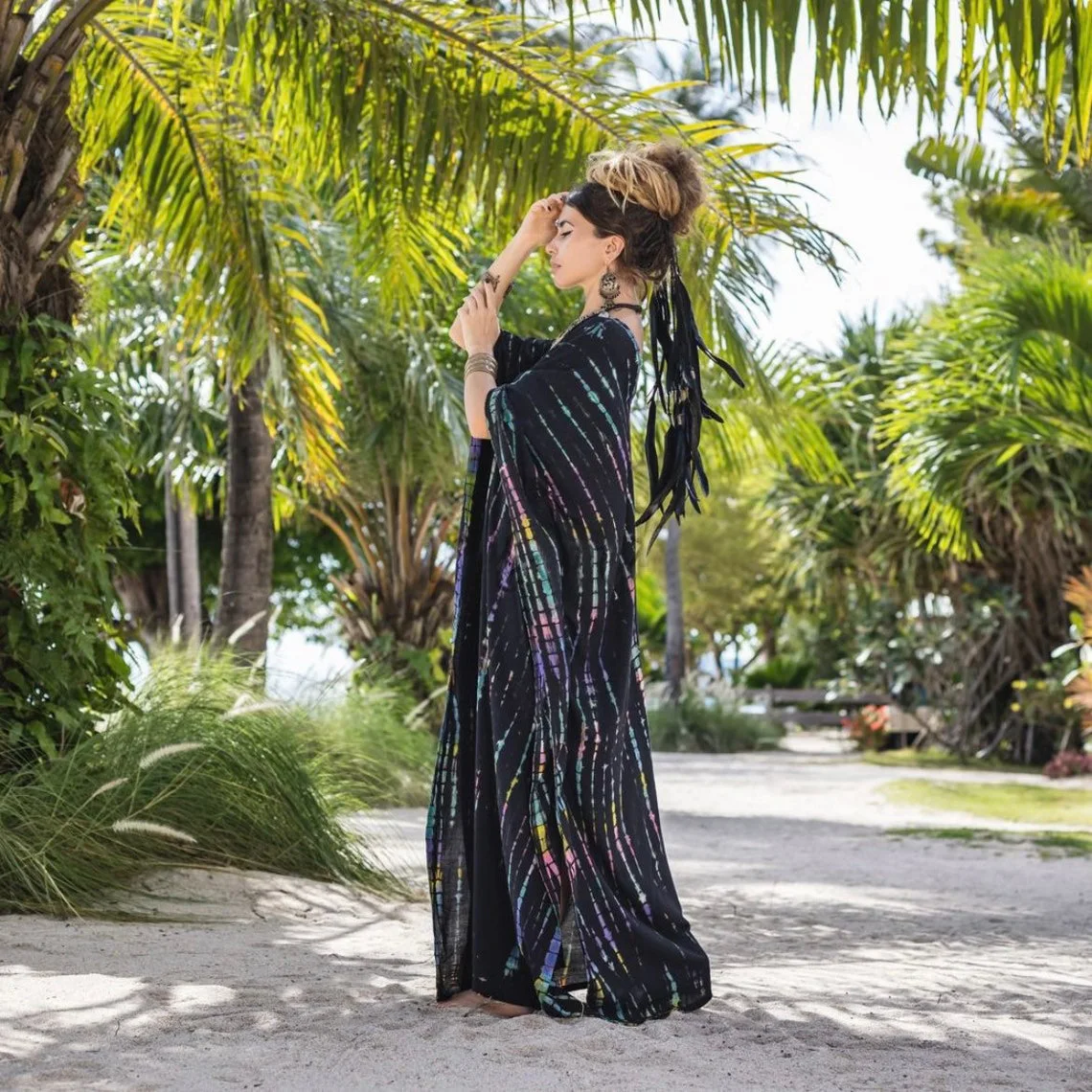 Fashion Casual Striped Print Long Dresses Women Bohemian V-neck Bat Sleeve Loose Slit Beach Dress Summer New Beachwear Vestidos 36 Fashion Casual Striped Print Long Dresses Women Bohemian V-neck Bat Sleeve Loose Slit Beach Dress Summer New Beachwear Vestidos