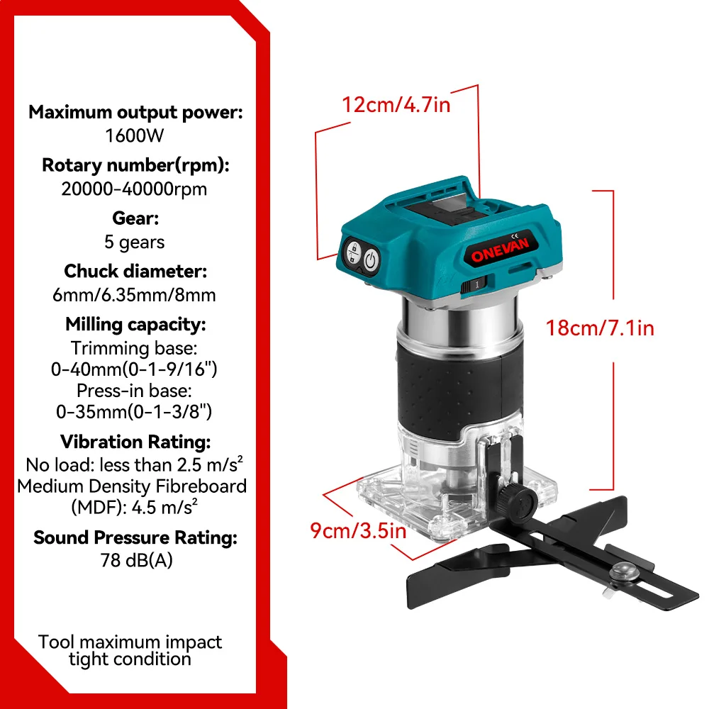 ONEVAN 1600W Brushless Electric Trimmer 5 Gears Cordless Woodworking Engraving Slotting Milling Router For Makita 18V Battery 6