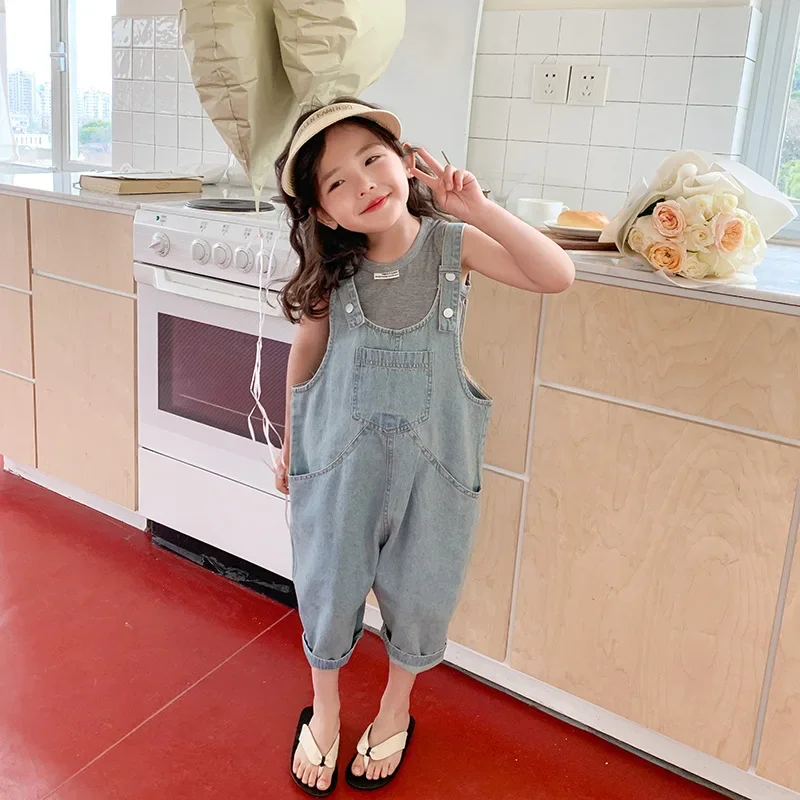 

2-13Y Kids Overalls Summer Baby Girls Denim Jumpsuits Cropped Pants Solid Casual Cute Fashion Children Outfits Clothes Hw46