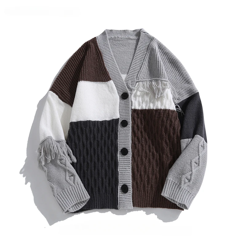 

Hong Kong Style Color-blocked Tassel Retro Sweaters Cardigan for Men/Women V-neck Youth Trendy Loose Casual Knitted Jacket Tops
