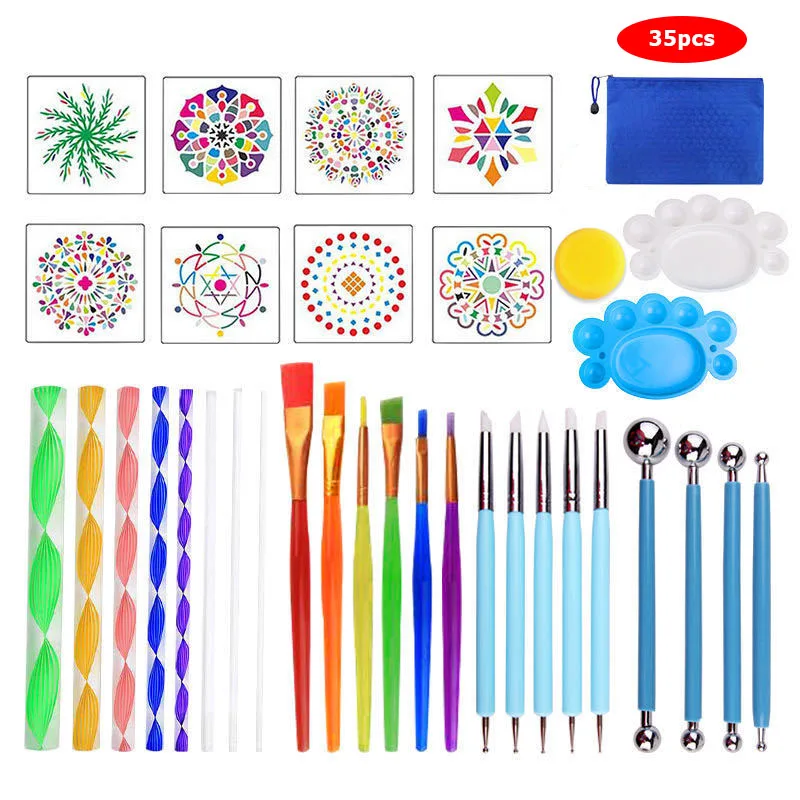 53/35pcs DIY 스톤 만다라 도트 도구 그림 바위 스톤 펜 엠보싱 스타터 드로잉 스텐실 템플릿 브러시 트레이 키트