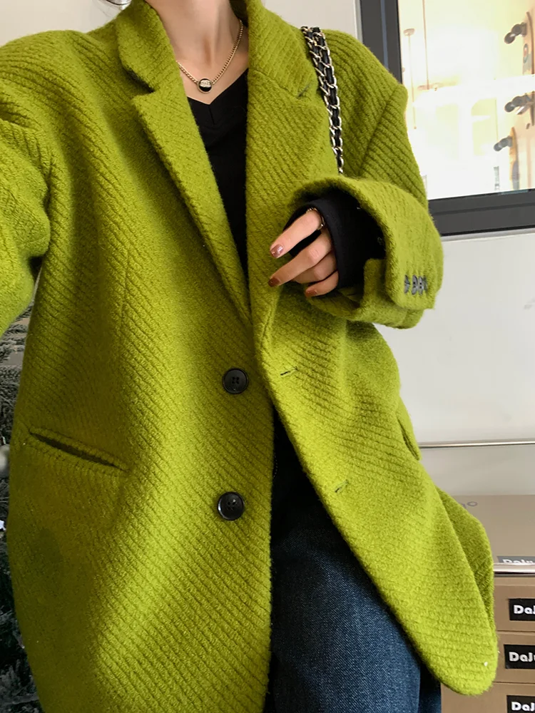 Fashionable high-end mustard green woolen suit jacket women 2023 winter  Korean style loose versatile casual shoulder pad top - AliExpress