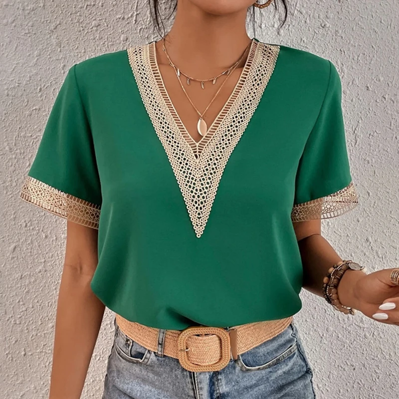 Summer Elegant Short Sleeve Lace Chiffon Blouse V Neck Office Lady 2025 Loose Woman Shirts Casual Tops Hollow Out Clothes 25125
