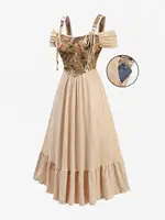 ROSEGAL Plus Size Cold Shoulder Dresses Flowers Print Lace Trim Ruched Ruffles Pockets Spring Summer Casual Midi Dress - Image 2
