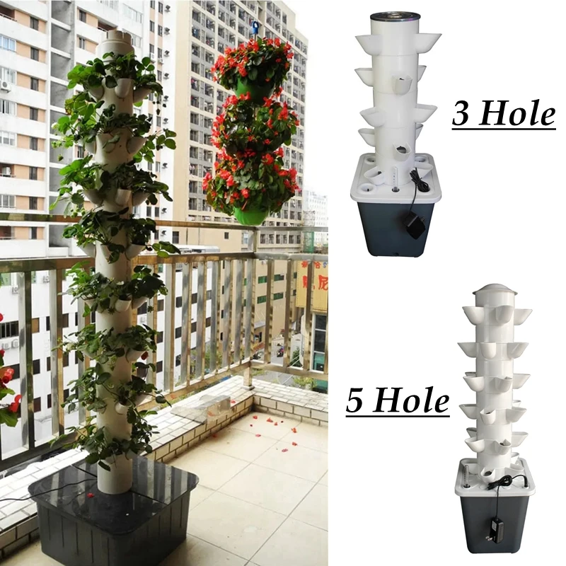 Home Balcony Vertical Tower Planter 3/5-Hole Vegetable Hydroponic Growing System DIY Garden Soilless Cultivation Equipment