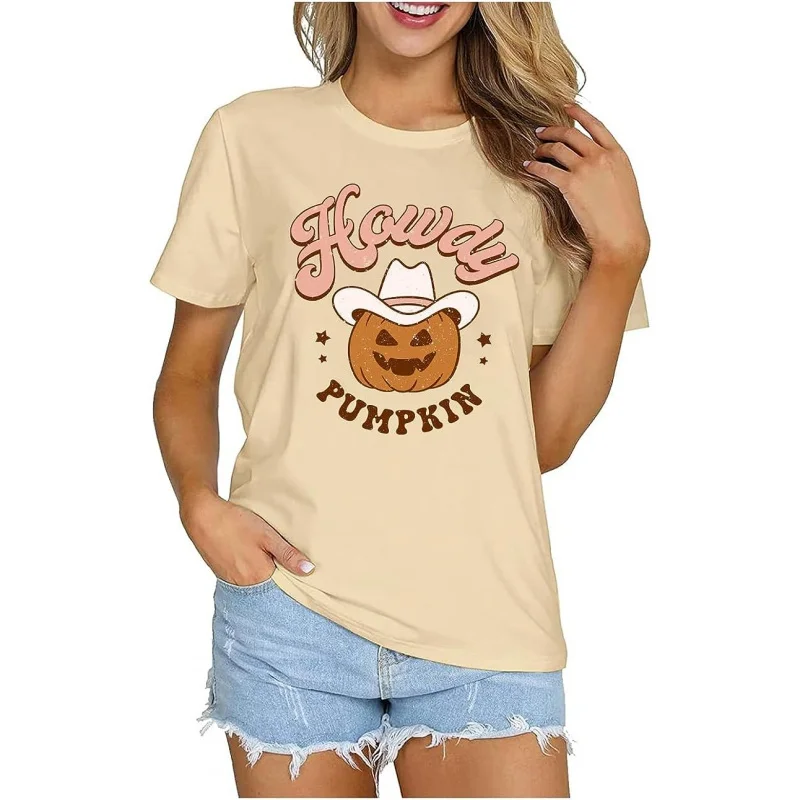 

Women Western Halloween Tshirt Retro Vintage Pumpkin T-Shirt Cute Fall Tops Cowgirl Party Tee