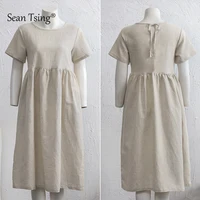 Women Cotton Linen Midi Dresses Summer Chic Female Vestidos Loose Soild A-Line Boho Dress Short Puffy Sleeve Casual Sundress New - Image 6