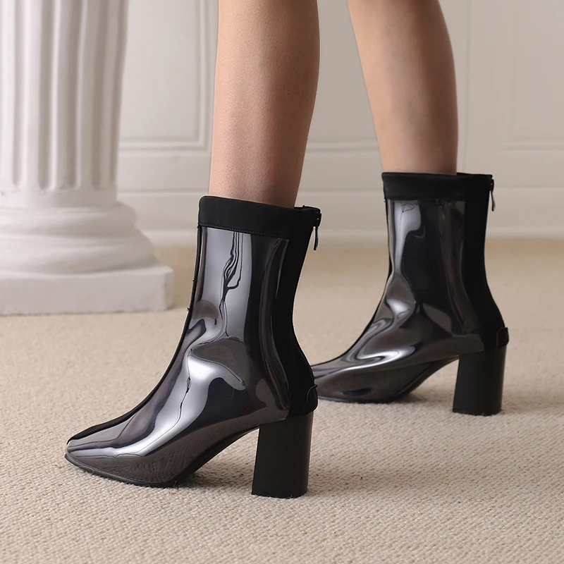 

Color Double-Layer Elastic Glass Chelsea Short Boots Pointed Square Heel Heightened Knight Boots Sexy Large Size Women's Boots