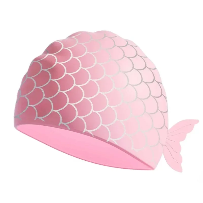 Kids Swim Caps with Fish Tail Baby Waterproof Bathing Caps Children Cartoon Swimming Hat for Long Short Hair Kids Boys Girls 2