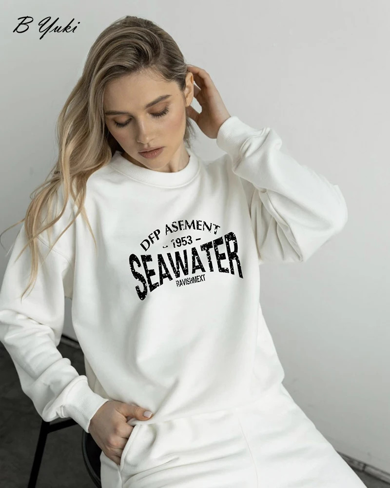 Blessyuki Oversized Letter Print Thin Hoodies Women Casual Vintage O-neck Long Sleeve Sweatshirt Pullover Streewear Girl Tops