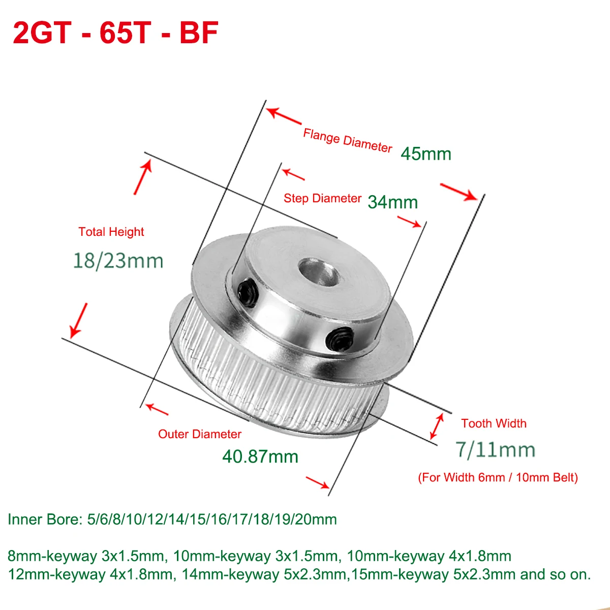 

2GT 65T Timing Pulley Bore 5/6/8/10/12/14/15/16mm BF keyway Synchronous Wheel For Width 6/10mm GT2 Timing Belt 3D Printer Parts