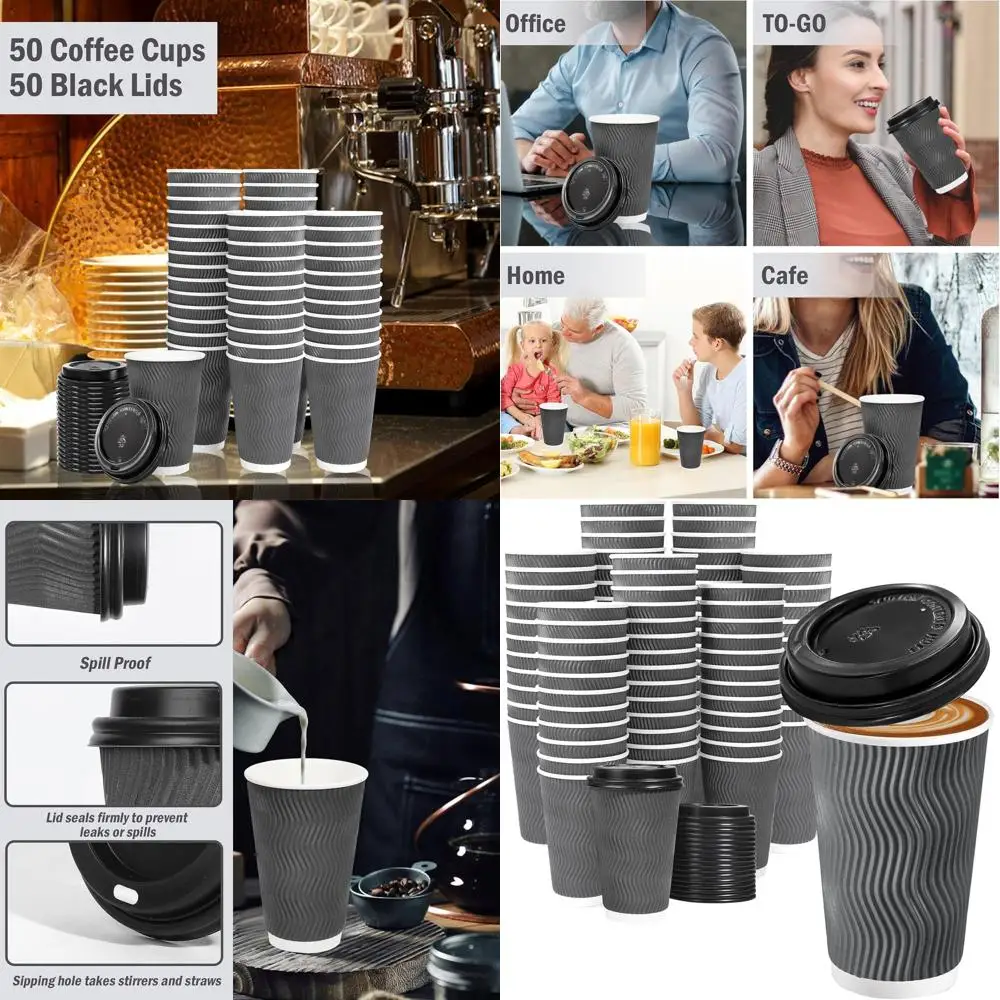 16 oz Insulated Disposable Coffee Cups with Lids, Grey Ripple Wall Cups ...