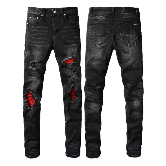 Mens Black Slim Fit Ripped Jeans Streetwear Hip Hop Rood Patch Gerafeld  Elastische Gat Jeans Broek Mannelijke - AliExpress