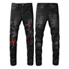 Mens Black Slim Fit Ripped Jeans Streetwear Hip Hop Red Patch Frayed Elastic Hole Jeans Trousers Male 1