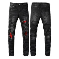 Mens Black Slim Fit Ripped Jeans Streetwear Hip Hop Red Patch Frayed Elastic Hole Jeans Trousers Male 1
