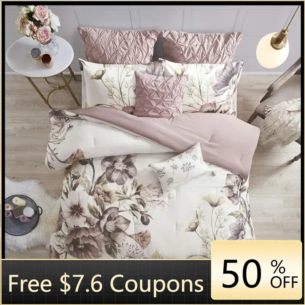 Cassandra Cotton Blend Comforter Set-Feminine Design Colorful Floral Print Bed Linen Set Queen Blush 8 Piece Freight Free Sets