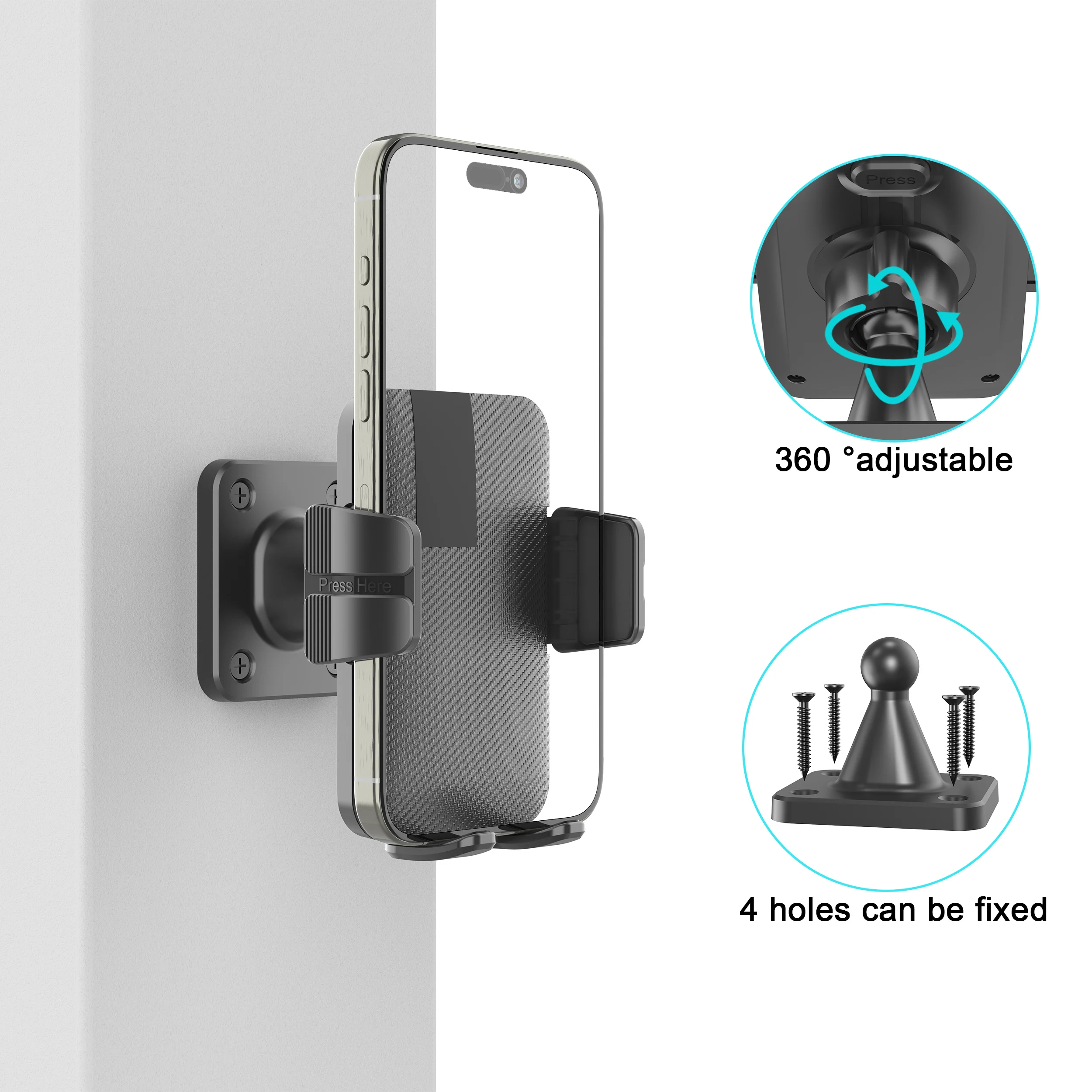 Wandmontierter Handyhalter aus Kohlefaser, bohrmontiert, 360° drehbar ° Drehbarer 4-Klauen-Handyhalter mit Druckverschluss und rutschfestem Silikon – Detail 4