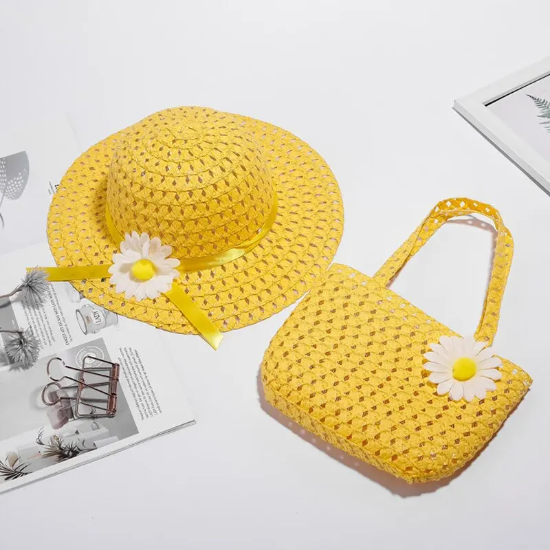 2 Pcs Set Girls Tea Party Straw Sun Hat and Purse Sets Kids Child Birthdays Easter Party Daisy Flower Summer Beach straw hat,baby sun hat,outdoor sun hat