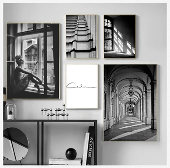 Quadro su tela senza cornice, stampa artistica da parete, immagini da parete per soggiorno, stile scandinavo nordico, bianco e nero, con immagine di edificio.