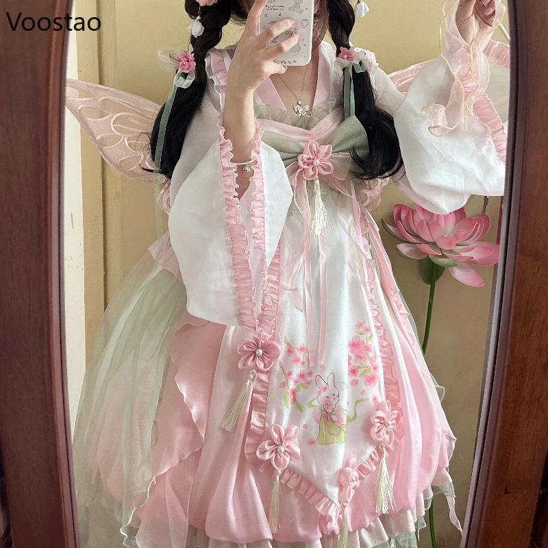 Sweet Lolita Princess Dress Women Cute Cartoon Rabbit Print Flower Ruffles Party Dresses Chinese Hanfu Style Kawaii Lolita Sets