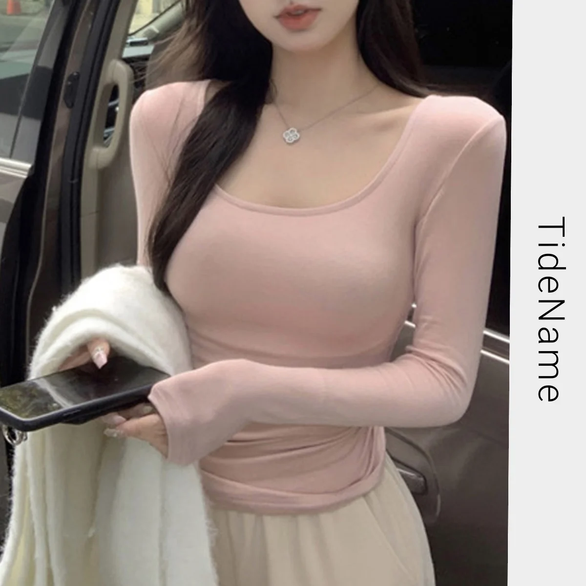 

Long Sleeve Top Women's Gentle Pink Square Collar Short Undershirt Spring Summer Brushed Slim Fit round Neck Fashion All-Match