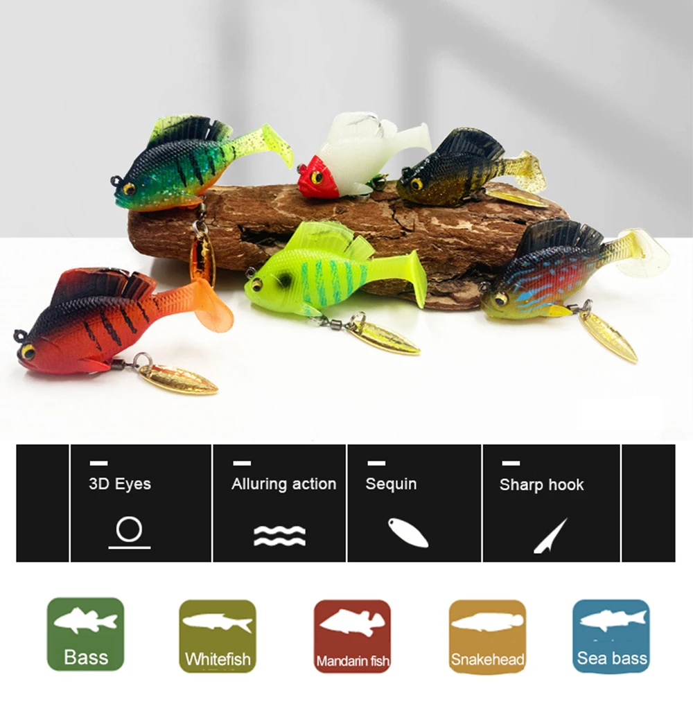 Hanlin 6cm/14g 8cm/25g T-Schwanz-Angelköder, weicher Köder, Bluegill-Swimbaits, 360-Grad-drehbare Pailletten, sinkend, für Sonnenbarsch und Barsch – Detail 5