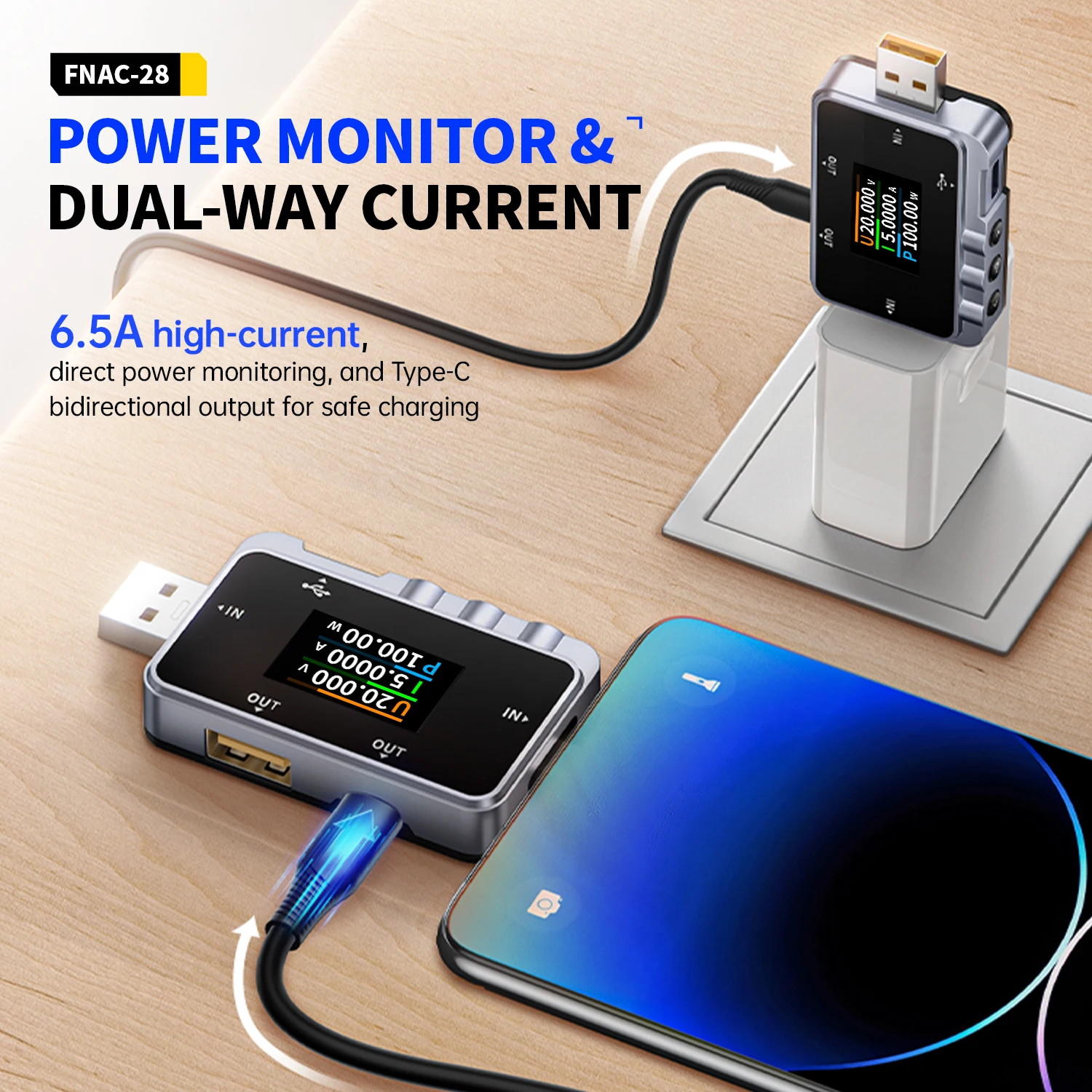 Enhanced USB Tester, Digital Voltmeter and Ammeter, 2-in-1 Type-C Meter
