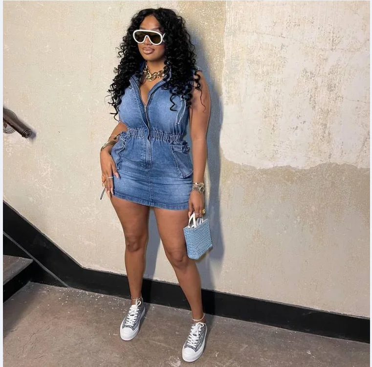 

Women Denim Cargo Sleeveless Drawstring Mini Vest Dress 2024 Summer Street Beach Night Club Pockets Chic Dresses Vestido