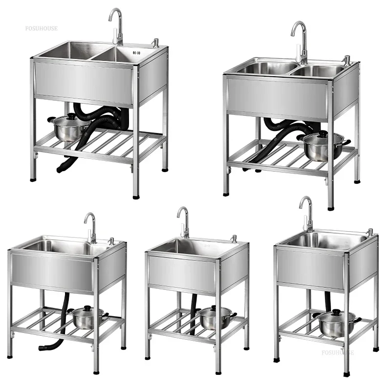 Double Basin Simple Kitchen Sink for Dining Room Reinforced Bracket Metal Sinks Modern Floor Standing Kitchen Sinks for Home